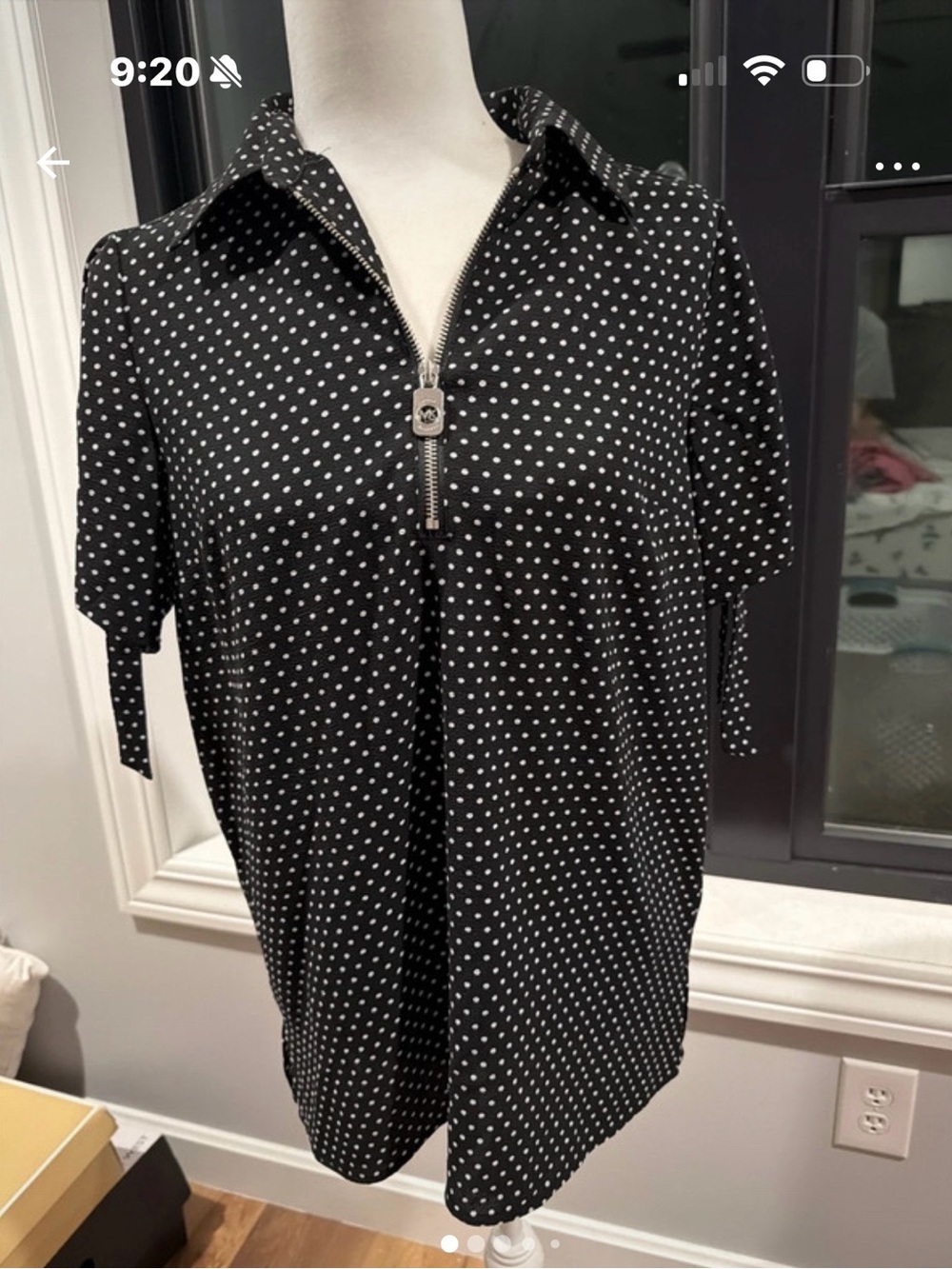 Michael Kors Black Polka Dot Short Sleeve Zip Blouse
